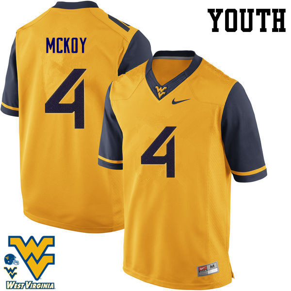 Youth #4 Kennedy McKoy West Virginia Mountaineers College Football Jerseys-Gold - Click Image to Close
